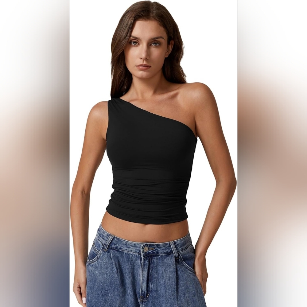 Nwt Qinsen Black One-Shoulder Slim Fit Crop Top Scrunch Sides Large - Picture 6 of 10